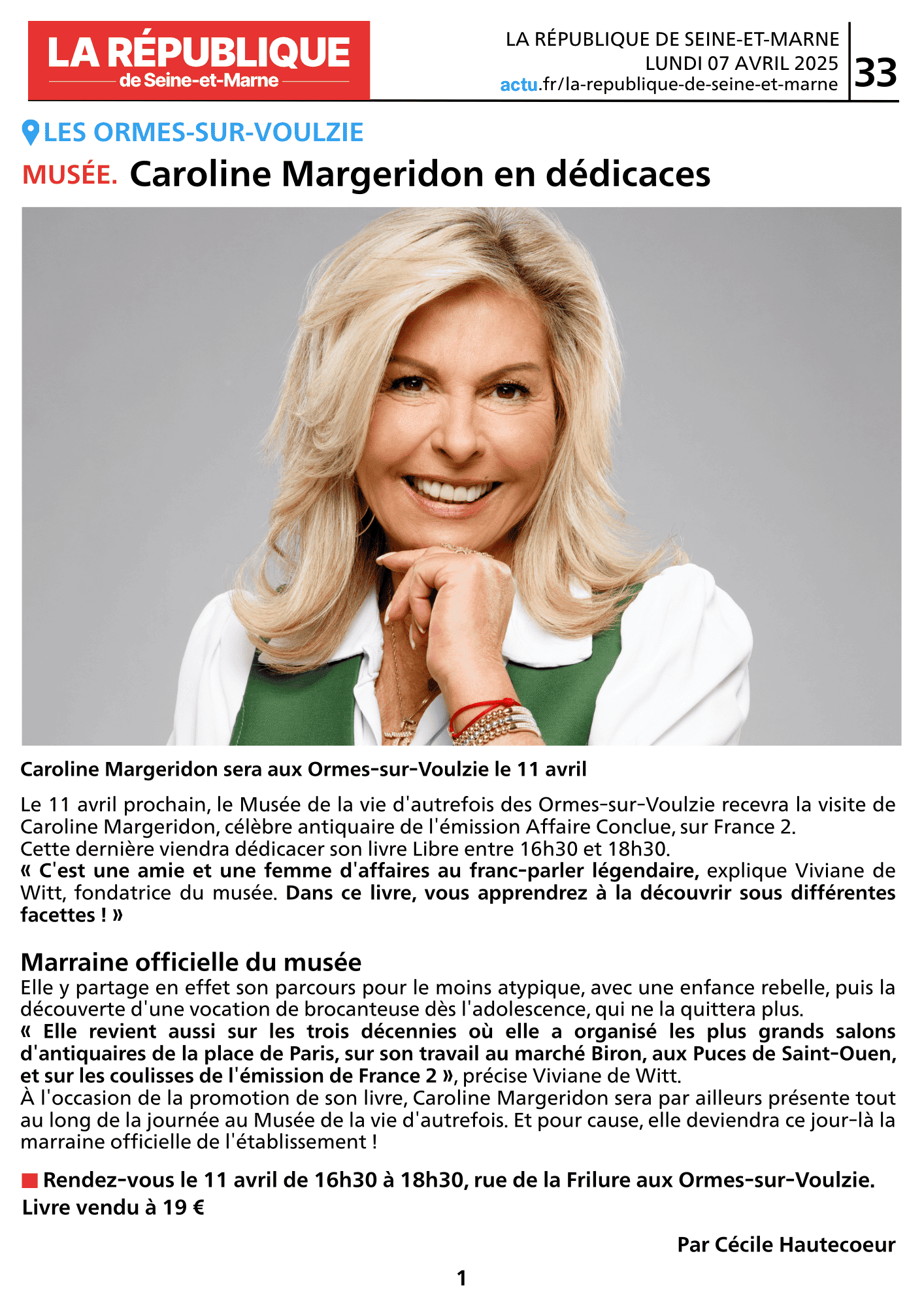 LA RÉPUBLIQUE DE SEINE-ET-MARNE / Caroline Margeridon en dédicaces