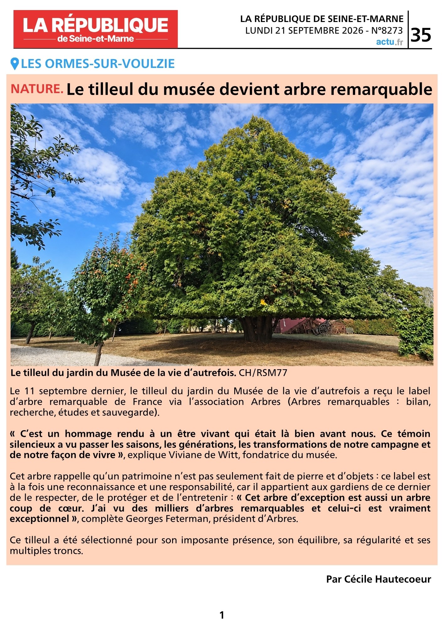 LA RÉPUBLIQUE DE SEINE-ET-MARNE / Le tilleul devient arbre remarquable